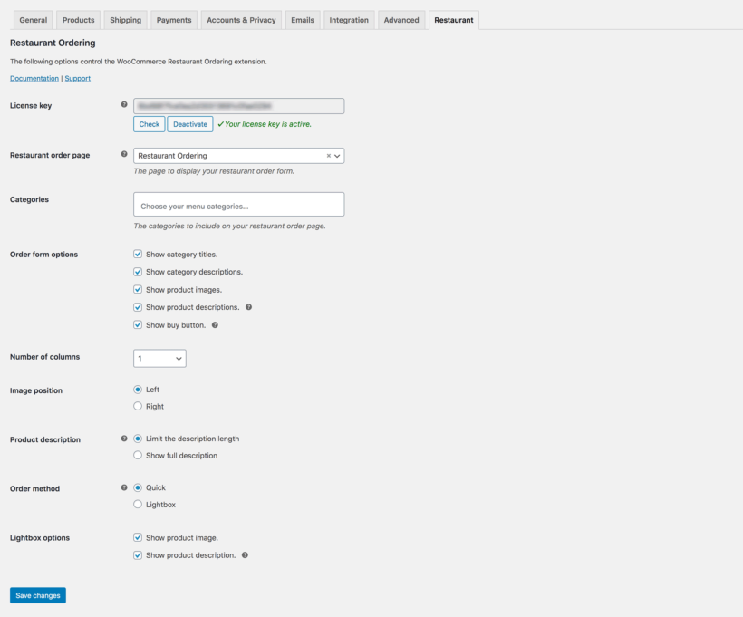 restaurant ordering settings