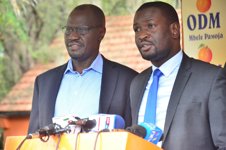 ODM executive director Oduor Ouma with Secretary General Edwin Sifuna during press briefing at the party headquarters in Nairobi on May 30, 2019.