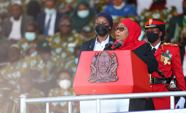 Tanzania President Samia Suluhu Hassan at a celebration to mark 60 years of mainland Tanzania's independence at Uhuru Gardens in the country's commercial capital Dar es Salaam.