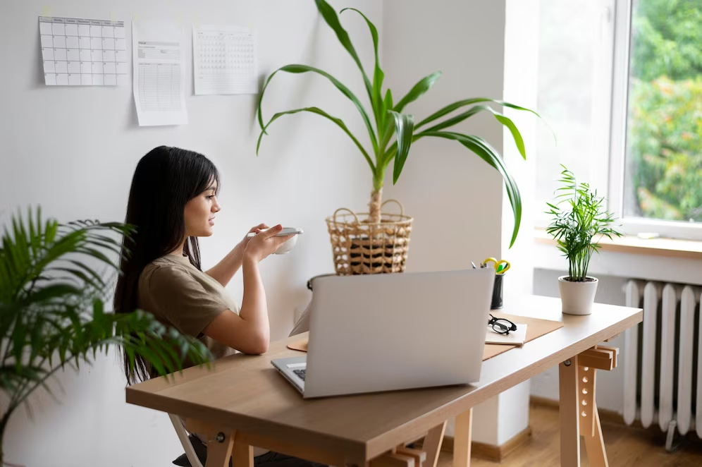 A female finance advisor sitting at a desk with a potted plant nearby, showing the incorporation of plants in a finance firm's interior for air purification, stress reduction, and increased productivity.