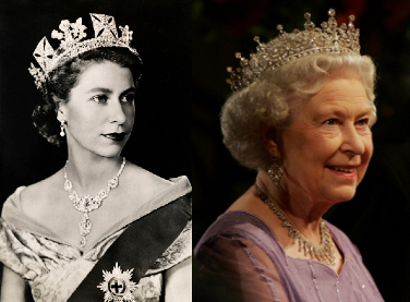 Left: A vintage postcard featuring a coronation portrait of Queen Elizabeth, in 1953. Picture: GETTY IMAGES/PAUL POPPER | Right: Queen Elizabeth is pictured prior to a state banquet at the Zeughaus Palace on November 2 2004 in Berlin. Picture: GETTY IMAGES/AFP/MICHAEL KAPPELER