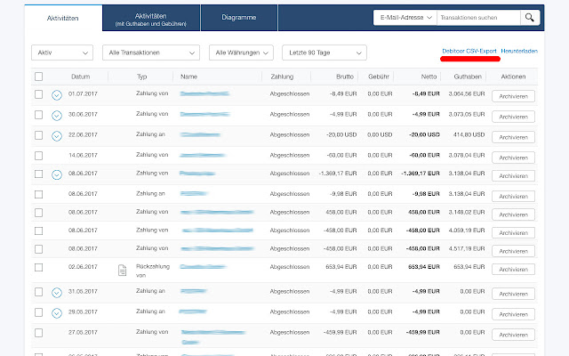 Paypal CSV-Export for debitoor