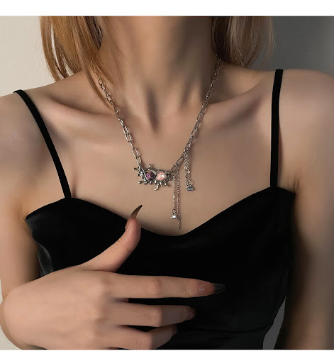 Title 5, Sweet Cool Two-tone Heart Tassel Necklace for W...