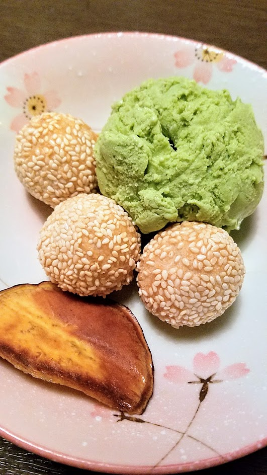 From Shigezo, special dessert menu item of Goma Dango, a dish with fried sesame balls filled with adzuki served with sweet potato chip and your choice of vanilla, adzuki green tea or mango ice cream