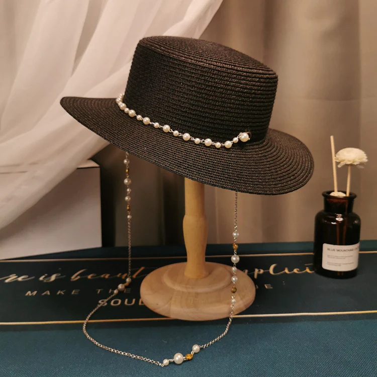 Chapéu de palha flat com corrente de pérolas retrô francês Chapéu elegante feminino primavera e verão proteção solar