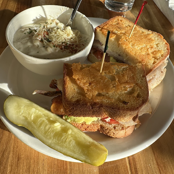 Turkey bacon and alvacado eith parmasean crusted gluten free bread.