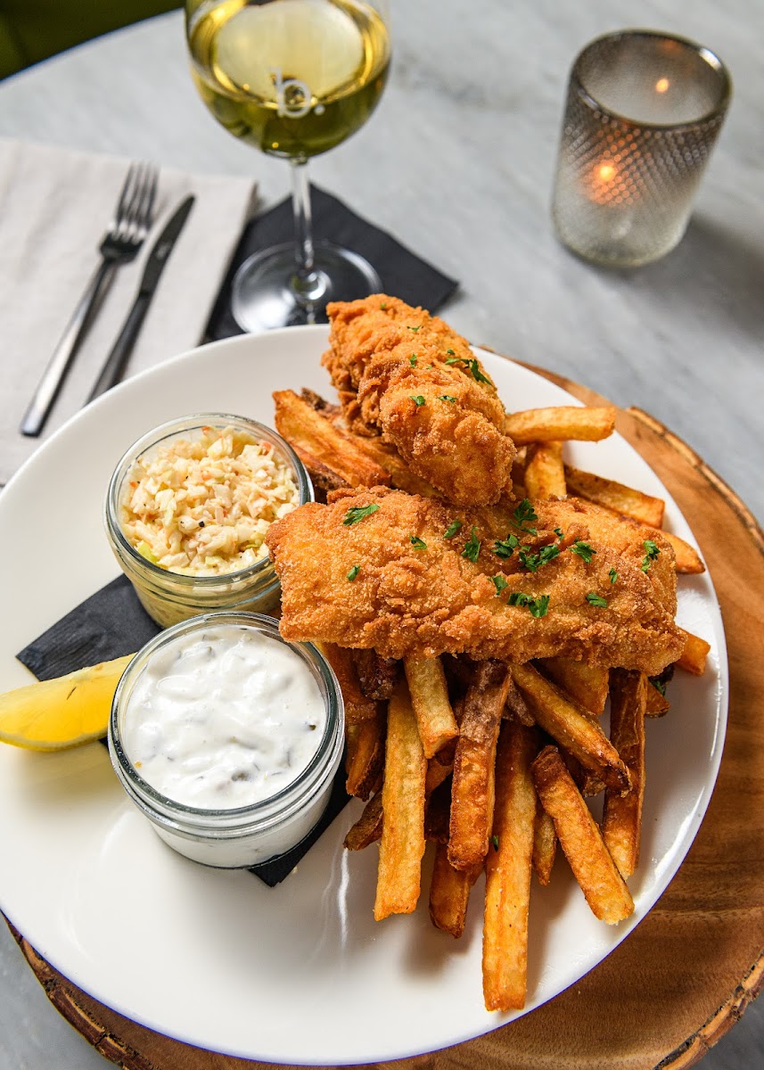 fish and chips | 
tender & crunchy, cracker-meal dusted haddock |
crispy, hand-cut fries | classic, sweet, chopped coleslaw |
traditional tartar
