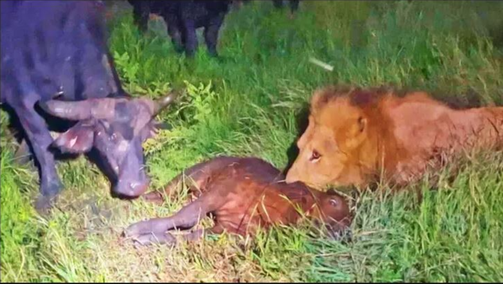 A video shared by Latest Sightings shows a herd of buffalo challenging two lions that had captured one of their calves.