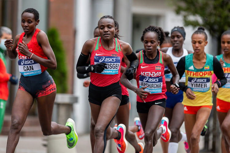 Kenya's Joyciline Jepkosgei in action during the 2020 IAAF World Half Marathon Championships in Gdynia, Poland, in October 17