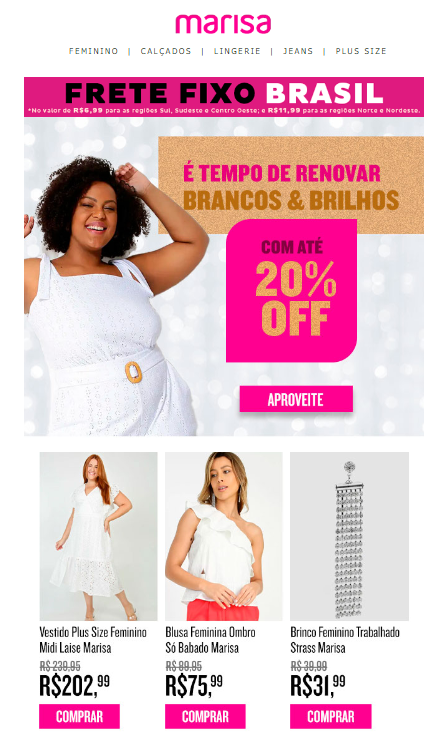 Exemplo do template de email marketing da Marisa.