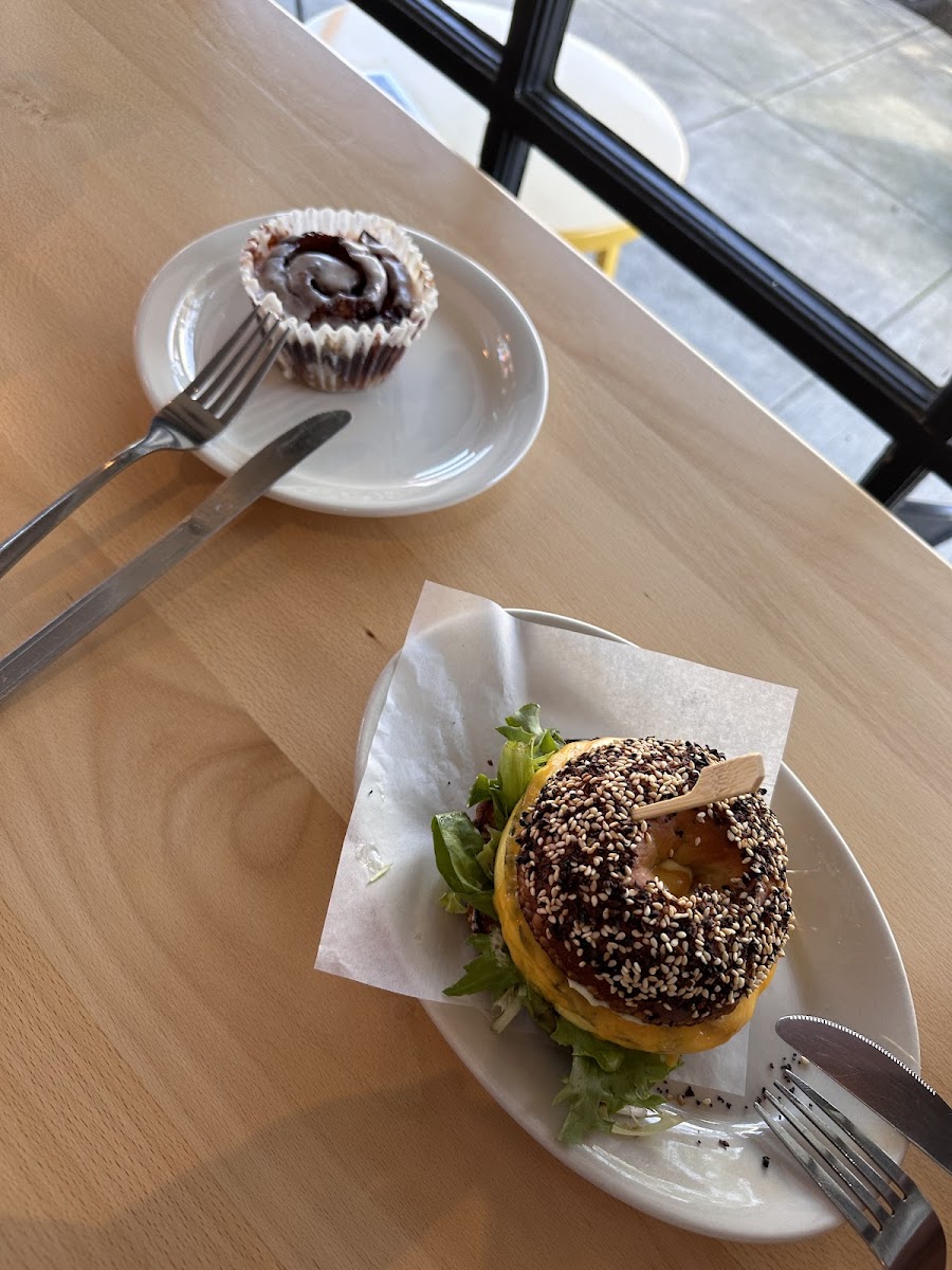 Breakfast sandwich and cinnamon roll