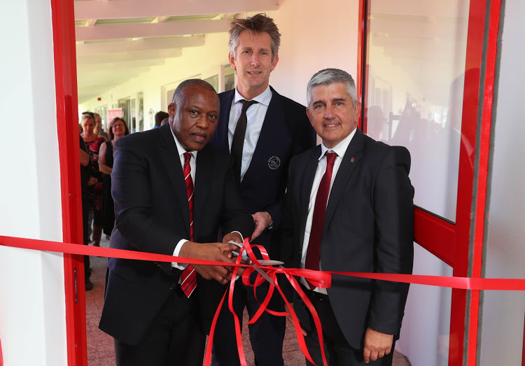 Premier Soccer League chairman Irvin Khoza (l), Ajax Amsterdam CEO Edwin van der Sar and Ajax Cape Town CEO Ari Efstathiou open Ajax Cape Town's new Ajax Lambda Institute academy on Friday.