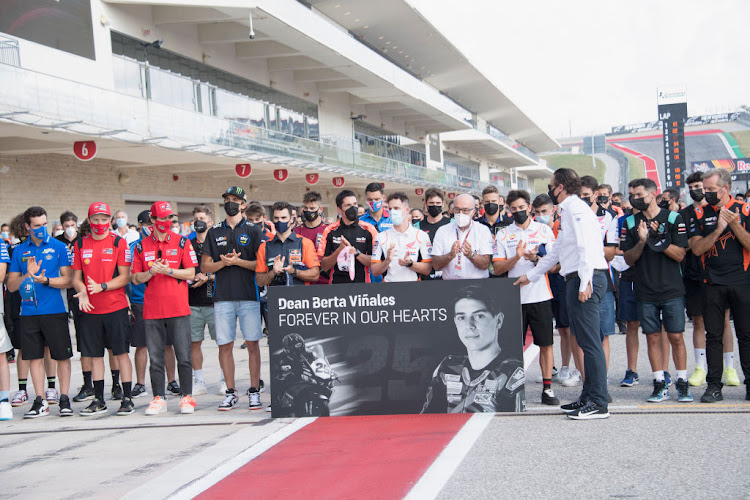 The paddock MotoGP family remember on pit Dean Berta Vinales of Spain during "Minute of Silence in memory of Dean Berta Viñales" during the MotoGP Of The Americas - Previews on September 30, 2021 in Austin, Texas.