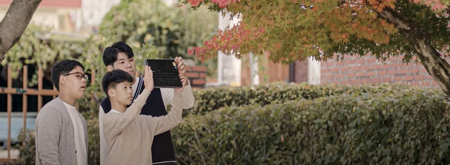 나무 사진을 찍기 위해 Chromebook을 들고 있는 교사와 학생들