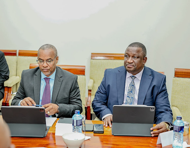 Water Cabinet Secretary Zachary Njeru nd his Mining counterpart Salim Mvurya during the joint cabinet committee meeting at DP Gachagua Karen residence on March 12, 2024.