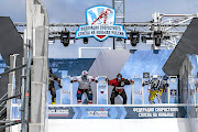 Boris Oravec (Slovakia), Pashuk Viacheslau (Belarus), Michael Hoffmann (Germany) and  Paul Aegerter (SA) in the starting gates during the ATSX Ice Cross Downhill season finals  in Moscow  on April 3.