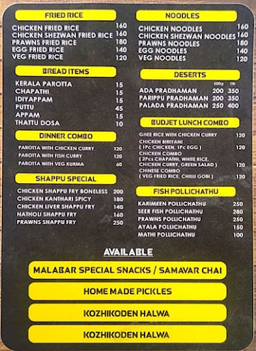 Malabar Thattukada menu 