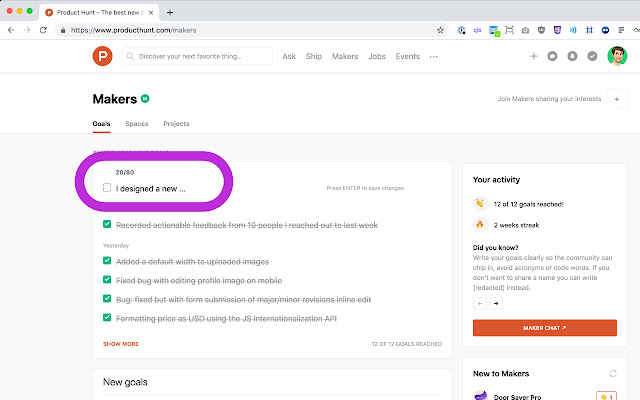 Product Hunt Makers - Goal Character Count chrome extension