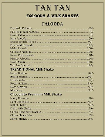 Tan Tan Falooda & Milkshakes menu 