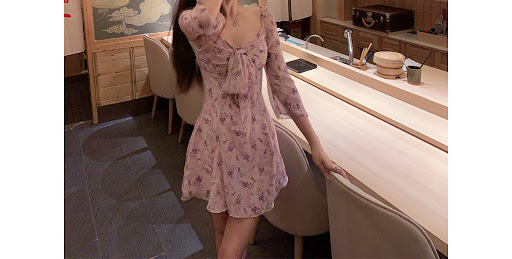 Title 5, Purple Square Collar Floral Chiffon Womens Lon...