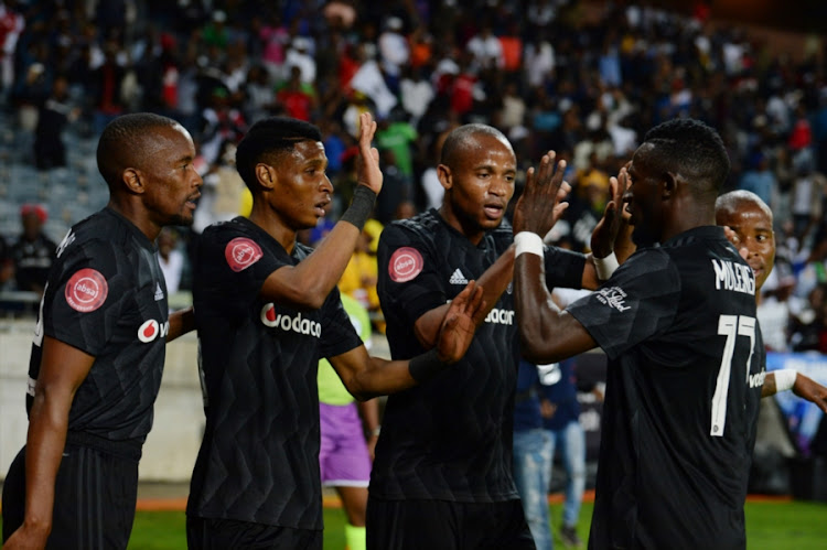 Orlando Pirates and Bafana Bafana winger Vincent Pule celebrates with teammates after scoring the opening goal in the 3-1 Absa Premiership win over SuperSport United at Orlando Stadium on Saturday September 15 2018.