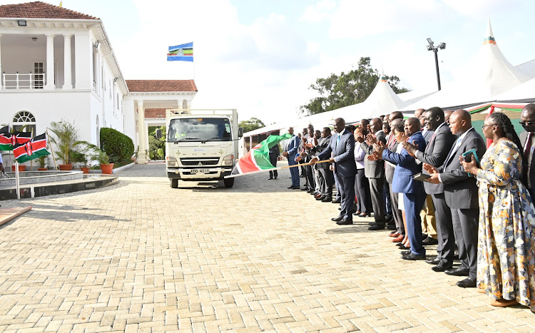 President William Ruto flags off oxygen gas cylinders to counties across the country on April 17, 2023.