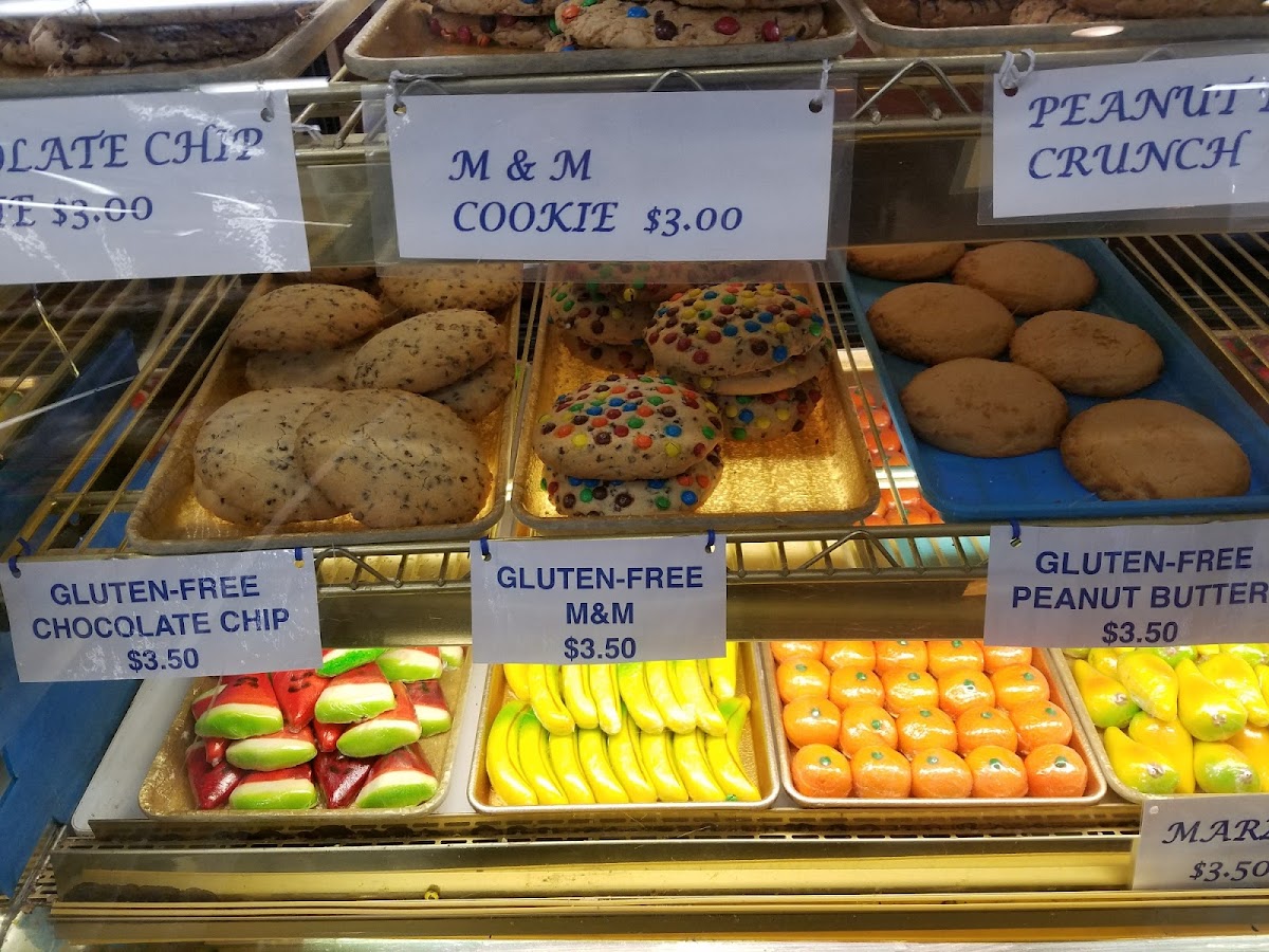 GF chocolate chip, M&M and peanut butter cookies