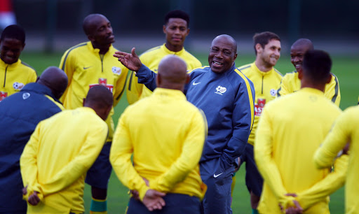 A file of former Bafana Bafana head coach Ephraim "Shakes" Mashaba talking to the team during the South African national soccer team training session at Moses Mabhida Stadium on November 15, 2015 in Durban, South Africa.