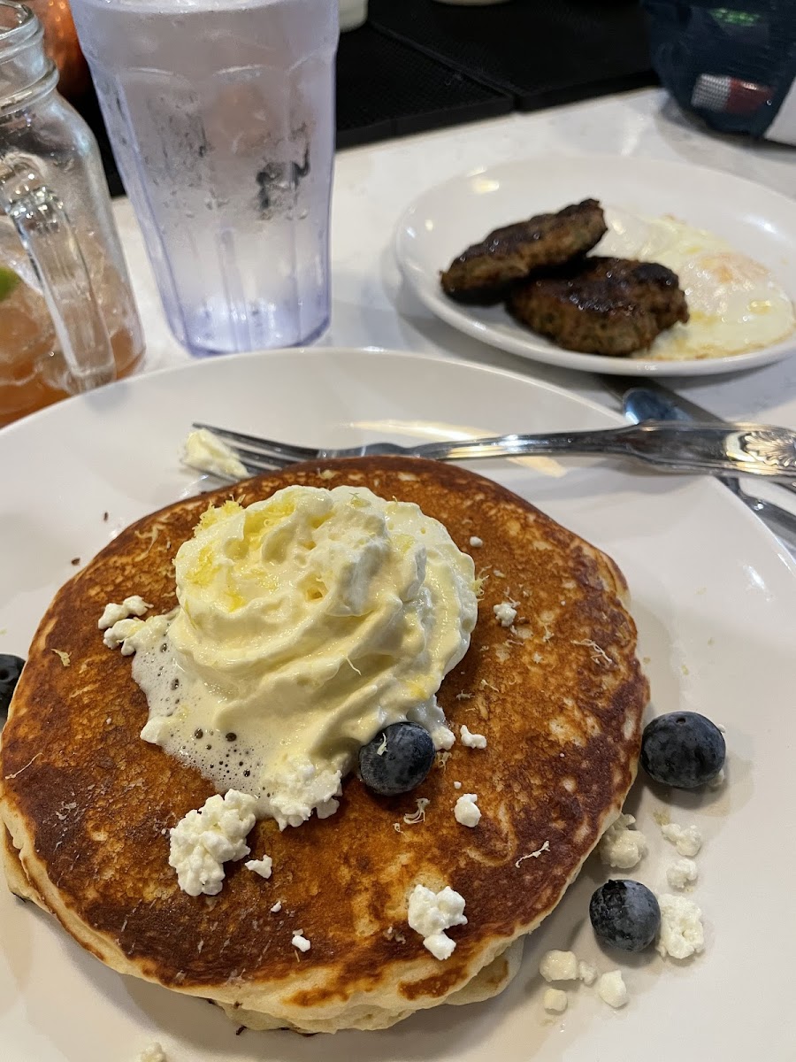 Blueberry Lemon Goat Cheese Pancakes & sausage/eggs.