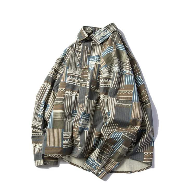 Heren trendy verticale gestreepte en geruite losvallende shirt, modieus en comfortabel, ideaal voor een casual en relaxte uitstraling.