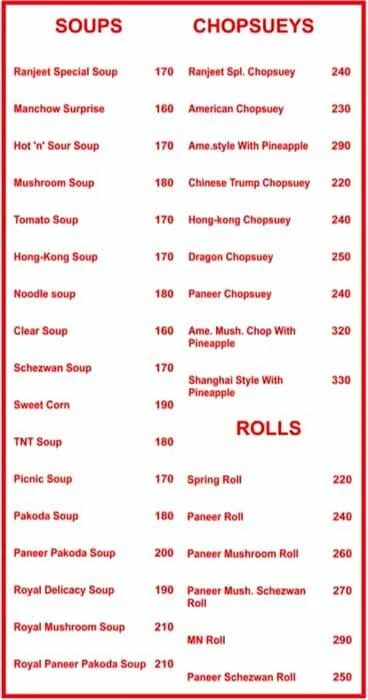 Ranjeet Chinese Pure Veg menu 