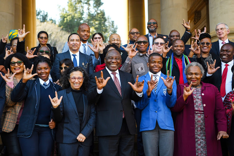 President Cyril Ramaphosa and guests at the enactment of Sign Language as the 12th official language at the Union Buildings on July 19 2023 in Pretoria. File image