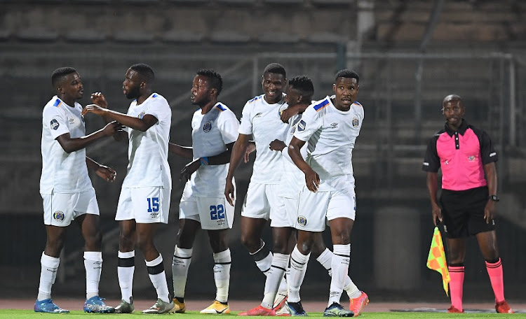 Thatayaone Ditlhokwe of SuperSport United celebrates his goal with teammates during the DStv Premiership match against Maritzburg United at Lucas Moripe Stadium in Pretoria on September 25 2021.