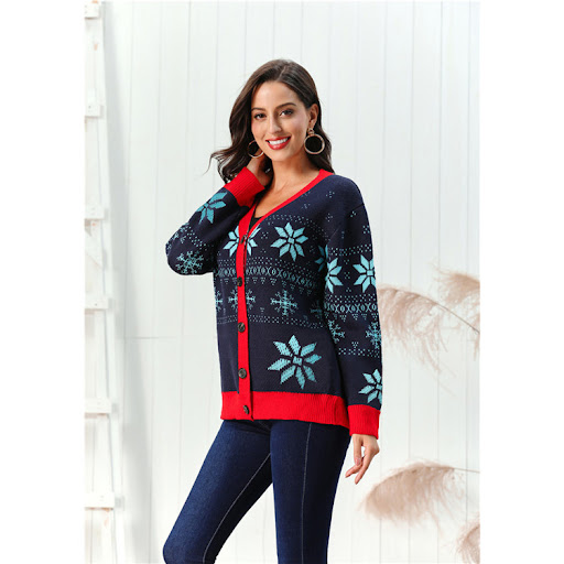 Title 6, Cardigan Christmas Snowflake Sweater Printed V-...