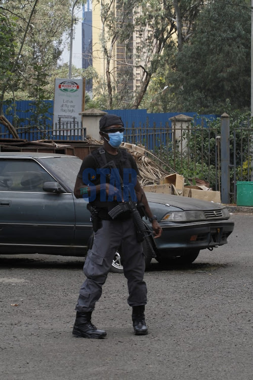 An ATPU officer outside Milimani law courts on October 6, 2020.