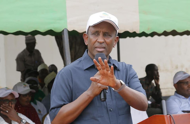 Governor Ali Korane at the Garissa Farmers Training Centre during the disbursement of Sh35 million grant to boost agribusiness under the Kenya Climate Smart Agriculture project on Thursday, February 20, 2020