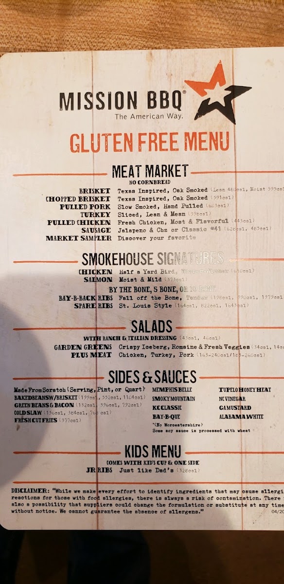 Mission BBQ gluten-free menu