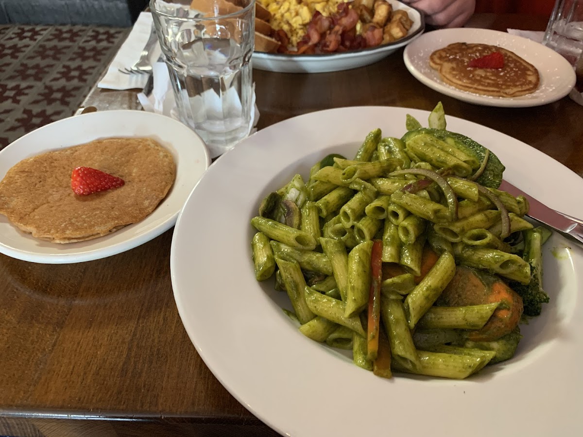 The two celiac safe options - pancakes and primavera pasta! Both tasty and very big portion of pasta.