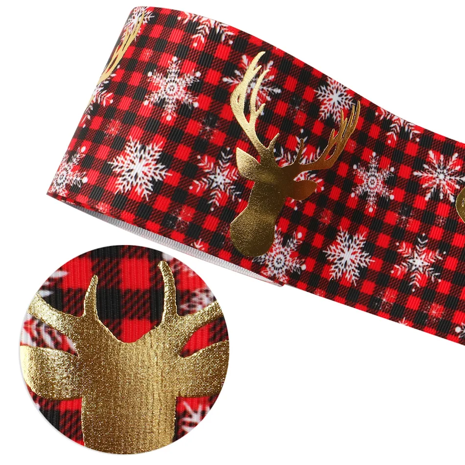 75mm Christmas Series Digital Printing Bronzing Ribbed Band for festive crafts, gift wrapping, and holiday decorations