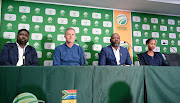 From left to Right: Cricket South Africa's suspended chief operations officer Naasei Appiah, former acting director of cricket and now senior manager Corrie va Zyl, suspended chief executive Thabang Moroe and former acting chief financial officer Ziyanda Nkuta during a media briefing in April 2019. 