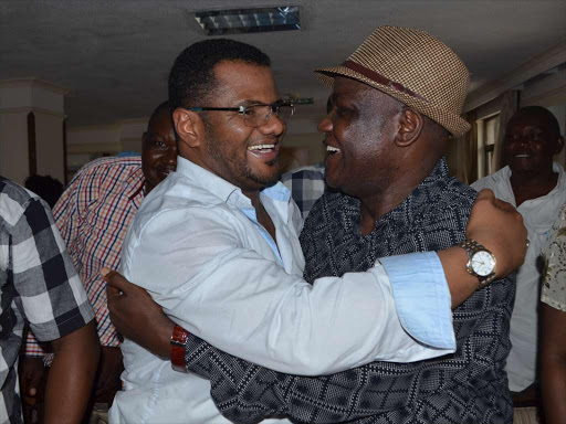 Mombasa Senator Hassan Omar with Nyali MP Hezron Awiti at Royal Court Hotel in Mombasa on Thursday/ JOHN CHESOLI