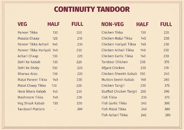 Continuity Tandoor menu 