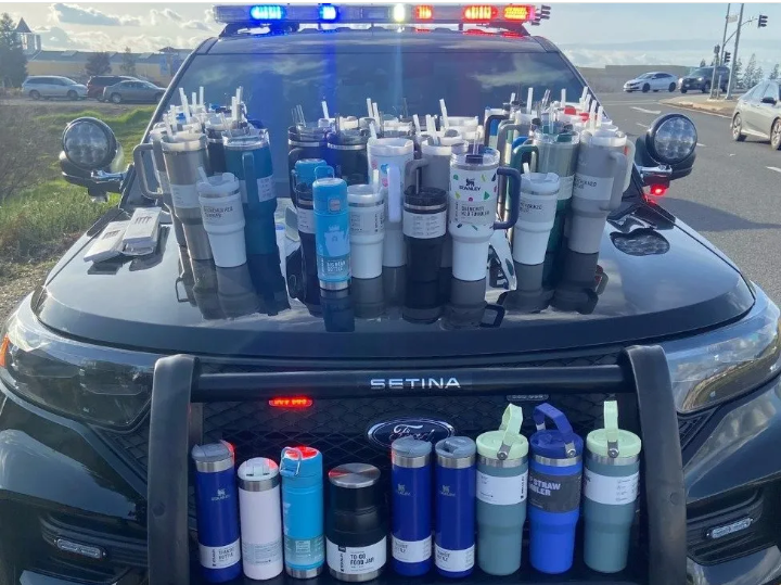 Police displayed the apparently stolen items on a squad car