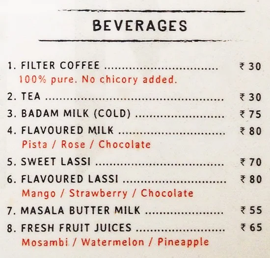 Mavalli Tiffin Room menu 