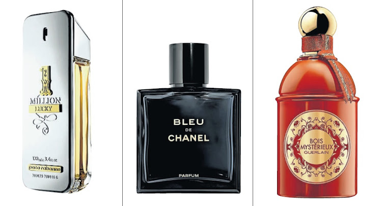 From left: Paco Rabanne 1Million Lucky EDT 100ml R1,440 • Bleu de Chanel Le Parfum EDP 100ml R2,385 • Guerlain Les Absolus D'Orient Bois Mysterieux 125ml R2,970.