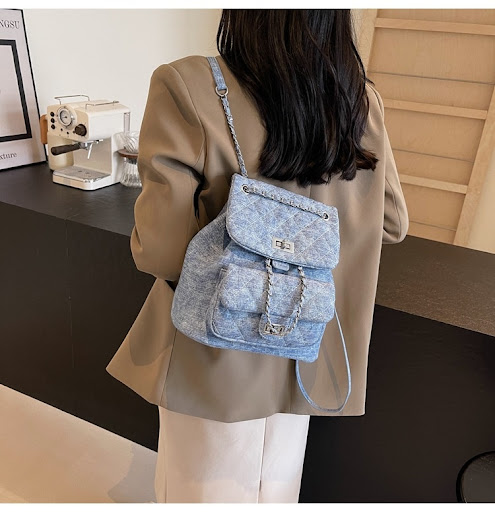 Title 18, Denim Rhombus Small Chain Backpack, Large Capac...