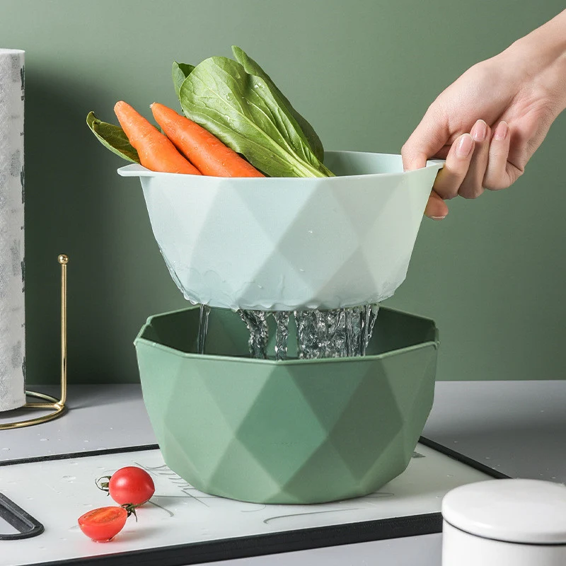Geometric Multifunctional Double Layer Storage Basket for Kitchen. Efficiently wash vegetables and rice. Space-saving de