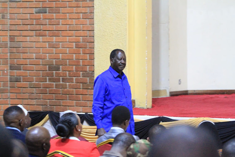 Azimio leader Raila Odinga at Ufungamano hall during the multi-sectoral forum organised by Civil Society in Kenya on April 13,2023.Photo/Enos Teche