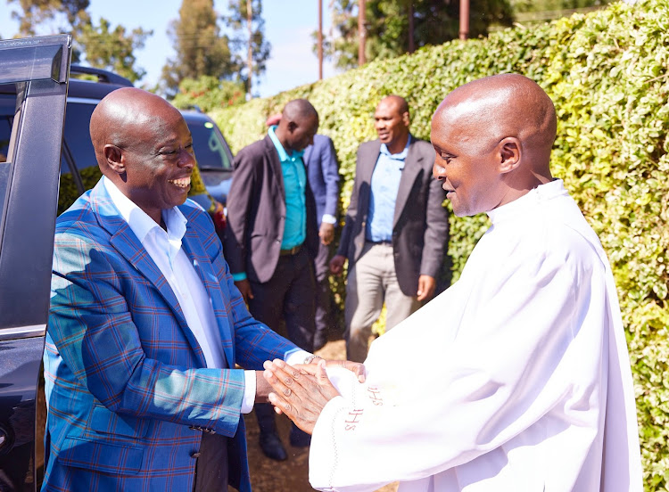 Deputy President Rigathi Gachagua arrives at Sacred Heart Endarasha Catholic Church, Kieni Constituency, Nyeri County on May 19, 2024.