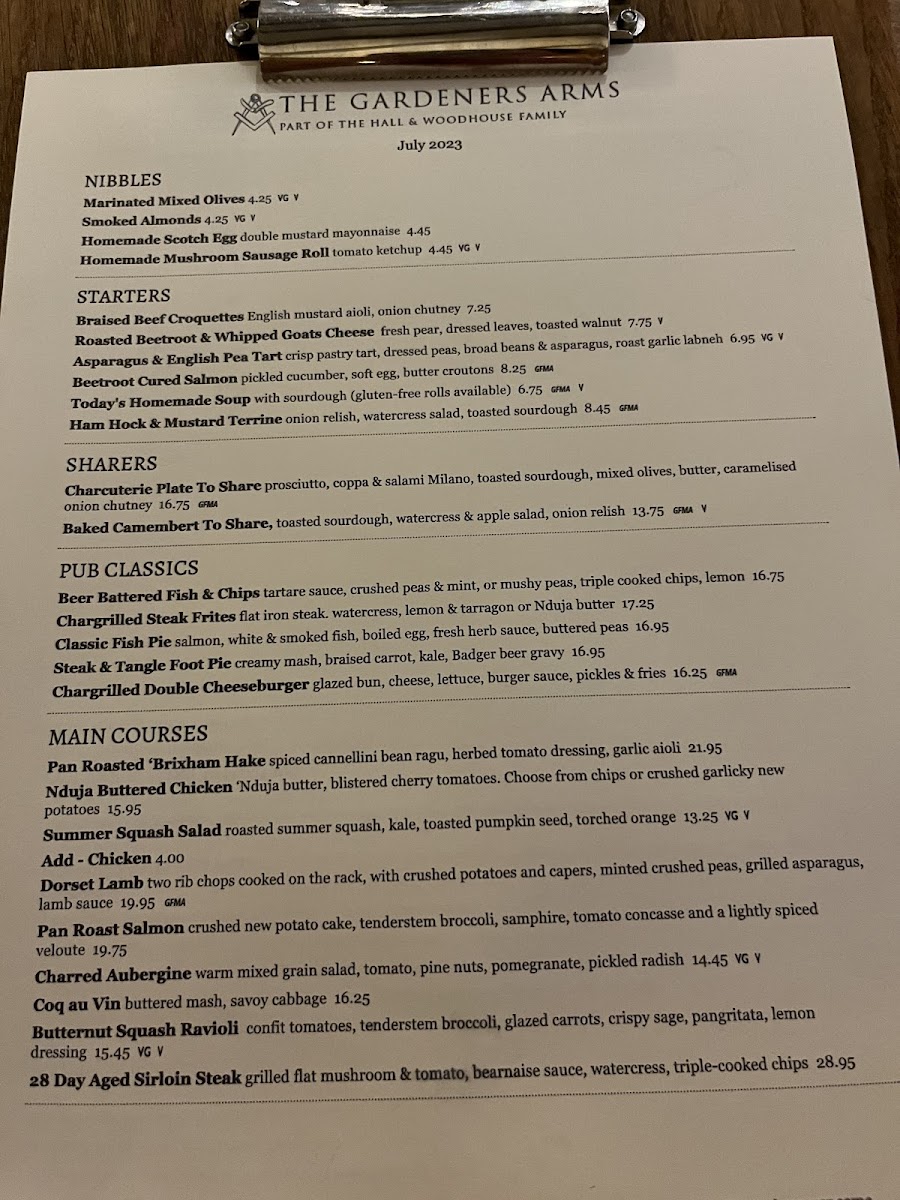 The Gardeners Arms Pub & Restaurant gluten-free menu